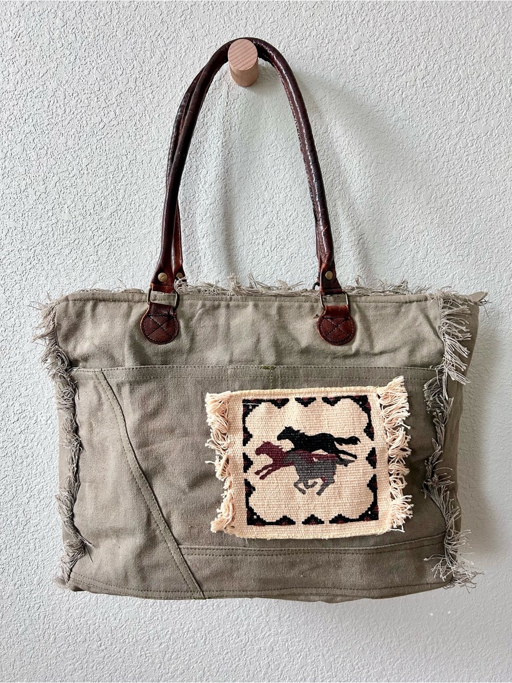 Vintage Addiction Cotton Canvas and Leather Upcycled Bag Fringe Green Horse